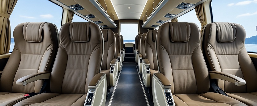 Luxury coach interior with reclining seats and amenities